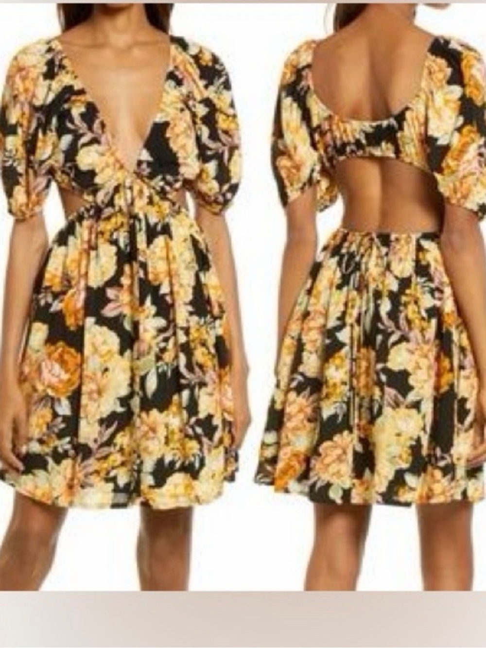 Bardot Black Mini Dress with Yellow Floral Print
